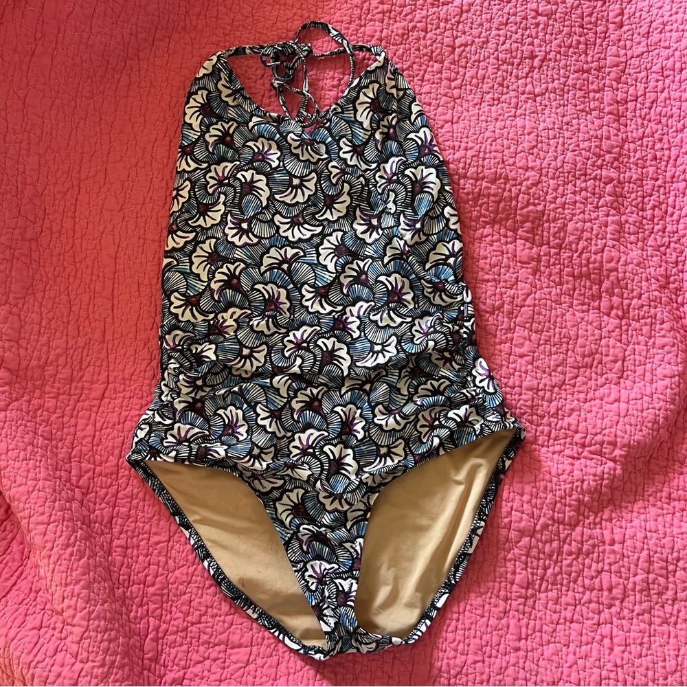 ☀️ J. Crew Halter Wrap One-Piece blue floral Swimsuit 8
